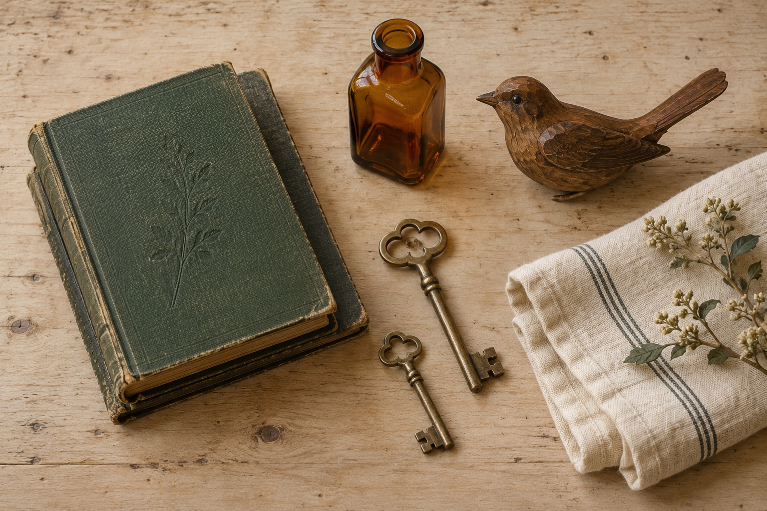 Illustrative vintage study: worn green books, brass keys, amber glass, a wooden bird and linen